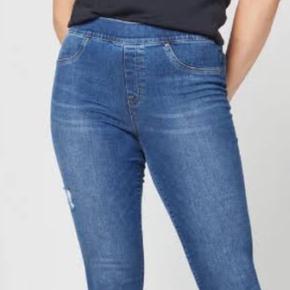 SPANX dark wash released raw hem skinny jeans jeggings Tummy smoother panel EUC - Picture 5 of 15